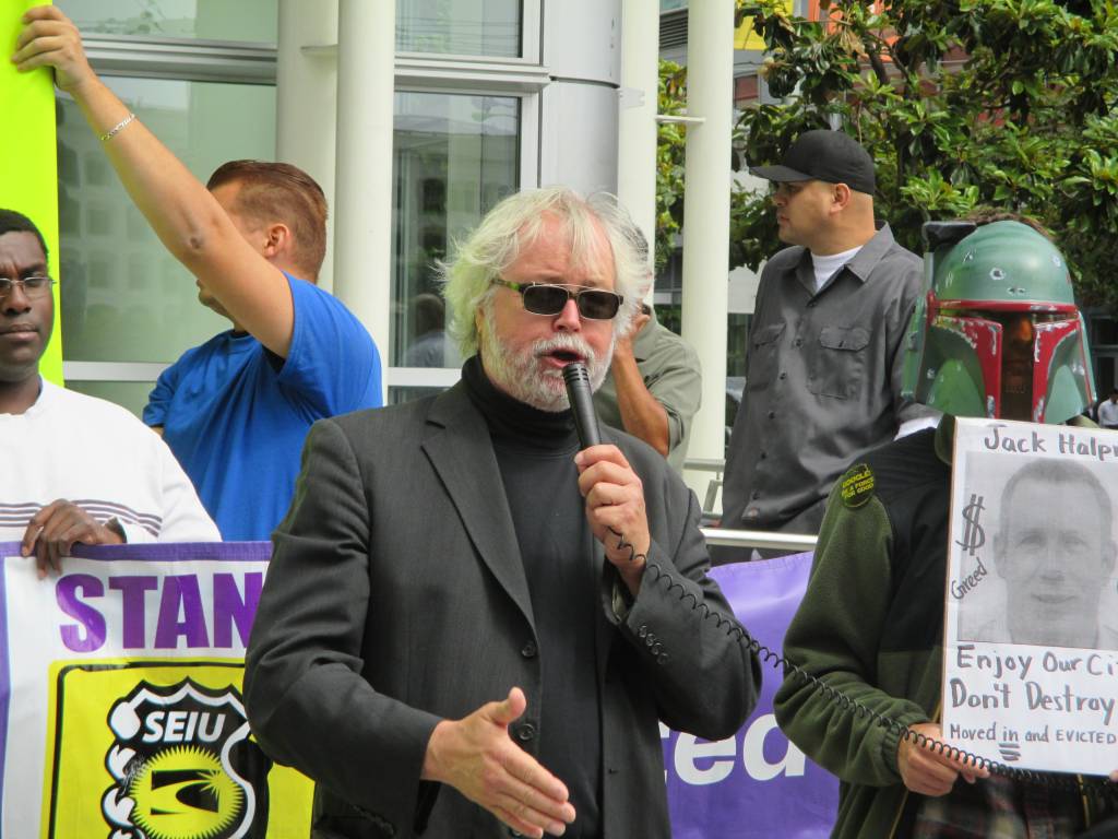 SF Labor Council Executive Director Tim Paulson speaks at a demo outside a Google apps convention