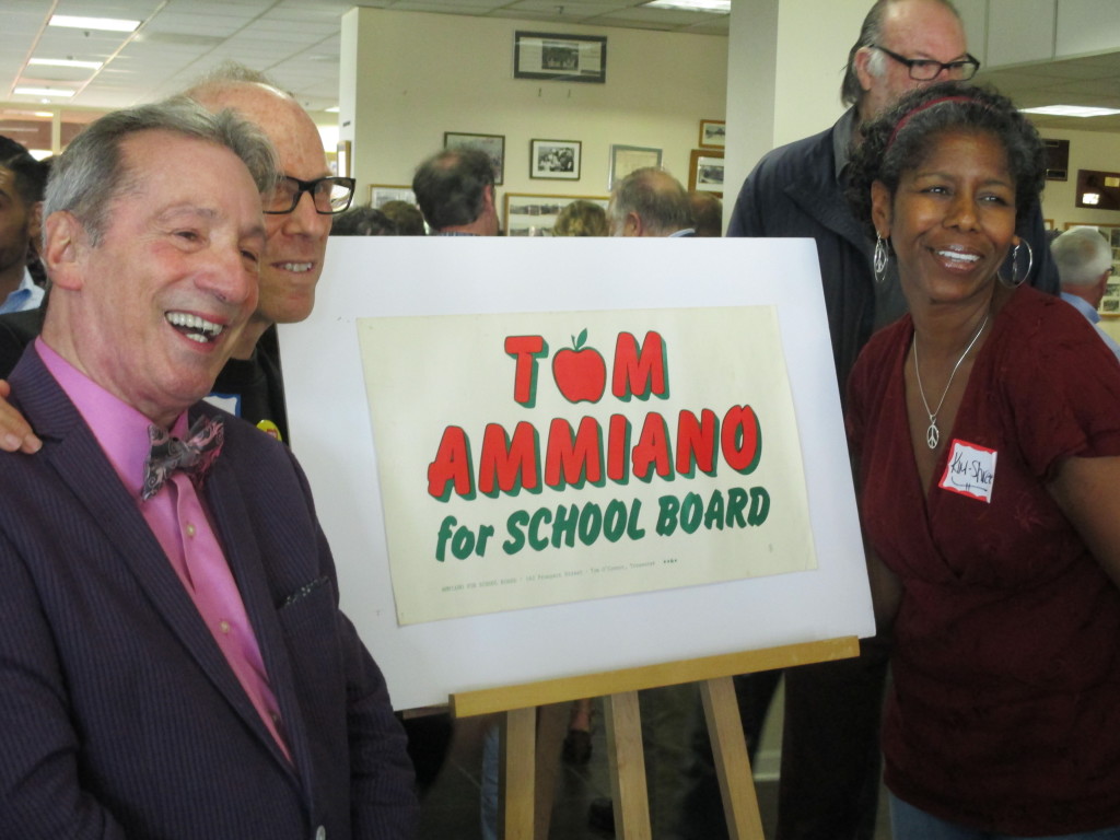 From the past: Ammiano, teachers' union activist Ken Tray, and School Board Member Kim-Shree Maufas pose with Tom's first campaign sign