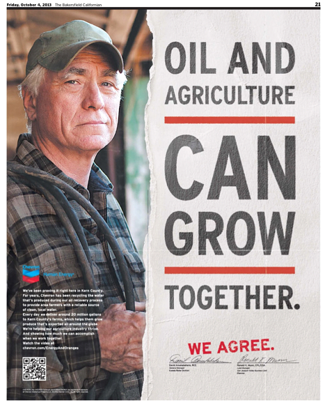 In this ad, Chevron brags about sending oil wastewater to farmers