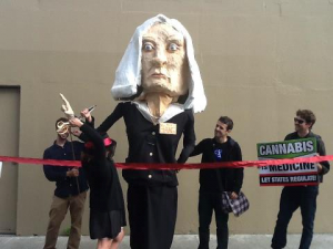 No love lost between US Attorney Melinda Haag and cannabis activists, who paraded this effigy of Haag around her hometown Berkeley in protest of her actions against dispensaries. Photo via ReformCA.