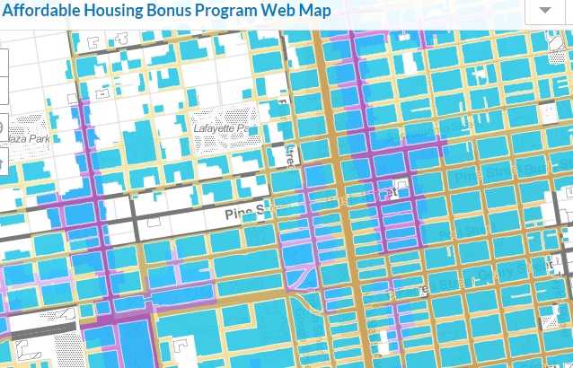 This snapshot of part of the Planning Department's map shows the wide swath of housing (in blue) that could be torn down and replaced with larger units