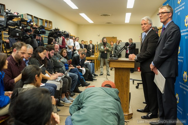 District Attorney George Gascon and FBI Special Agent David Johnson speak to a packed press conference