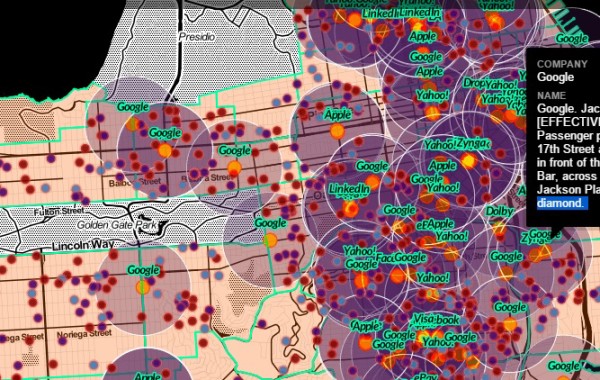 This map shows all of the no-fault evictions that took place within a few blocks of a tech-shuttle stop. Screen grab courtesy: Anti-eviction map