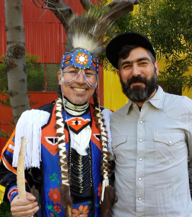 Marke B with dancer Harlan (I asked to take this picture!) at the 2014 Two Spirit powwow at SOMArts