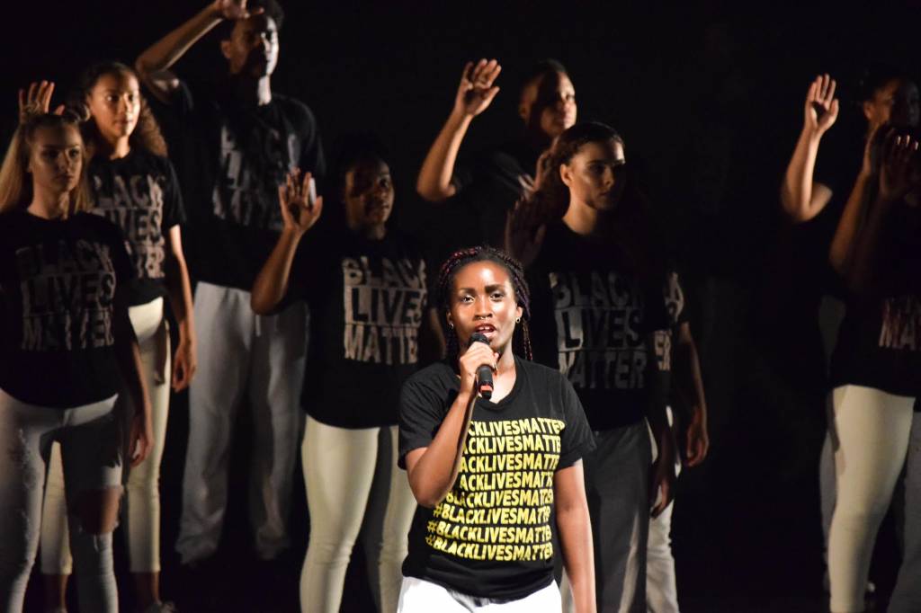 Performers speak with the strength of the activists who first uttered their lines in 'Seed Language'. Photo: Layeelah Muhhamad, Destiny Arts student