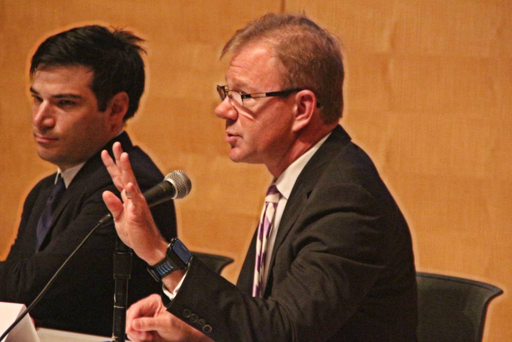 Steve Tuttle, Taser International, speaks at a panel asking "Should San Francisco Adopt Tasers". Photo by Sana Saleem