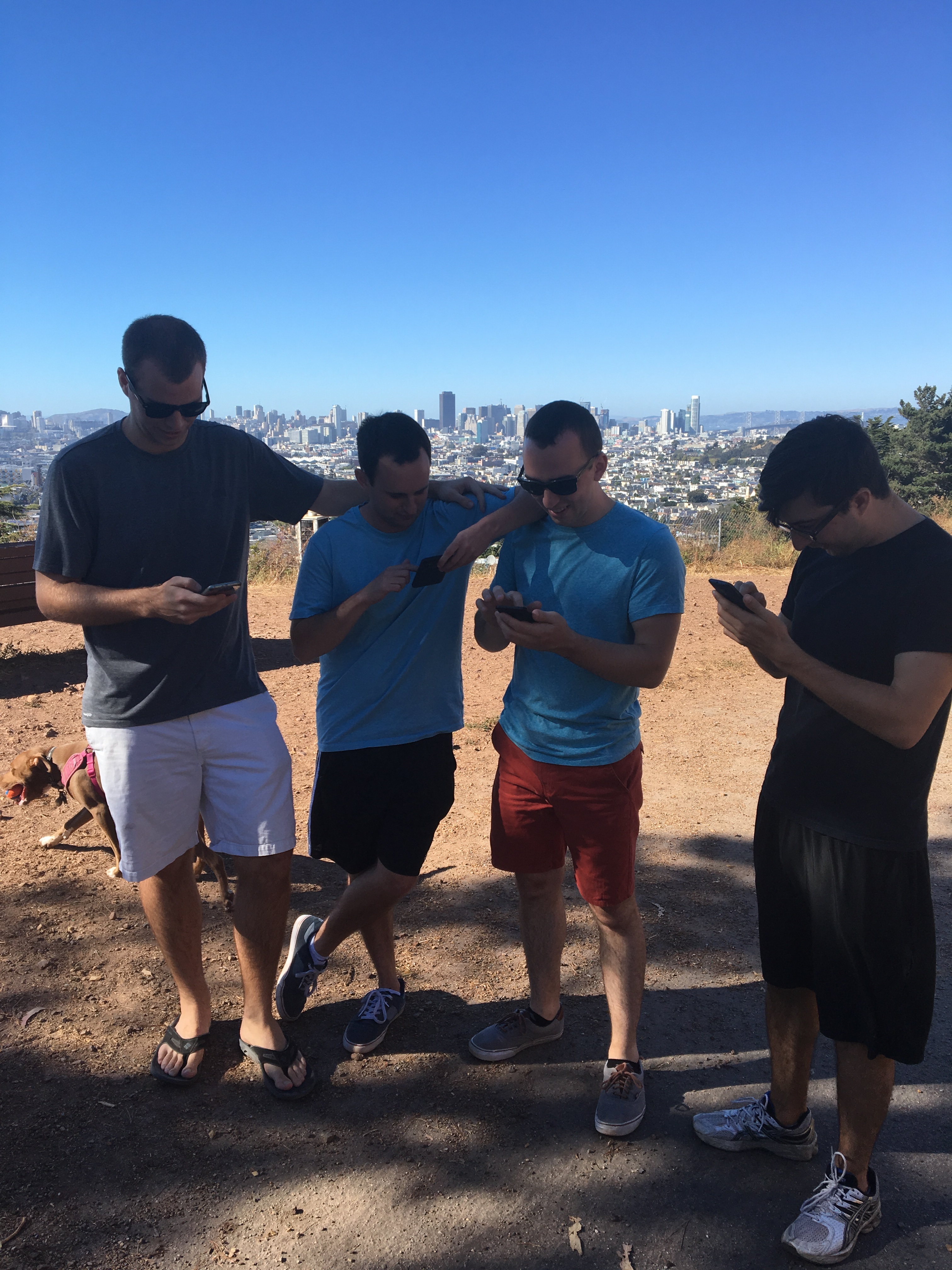 Casey, Evan, Pat, and Nick can barely stop their Pokemon search to talk to a reporter
