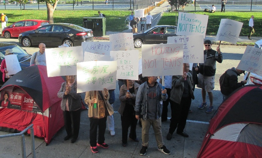 A small number of protesters took the Wiener line that Kim wants tents all over the city