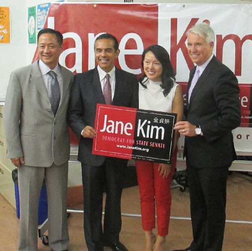 Jane Kim poses with SF Public Defender Jeff Adachi, former LA Mayor Antonio Villaraigosa, and DA George Gascon