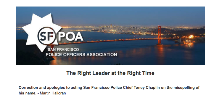 Snapshot of email sent by the SFPOA announcing their endorsement of acting chief Toney Chaplin
