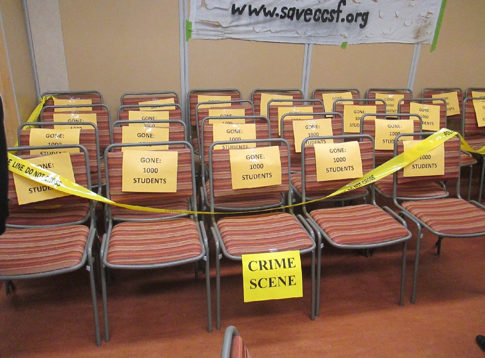 Empty chairs symbolize the 25,000 students that CCSF has lost since the accreditation fiasco