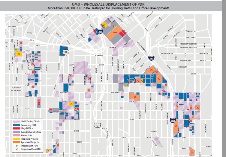 This chart shows all of the PDR space that has been lost or is threated in the parts of the city zones for Urban Mixed Use