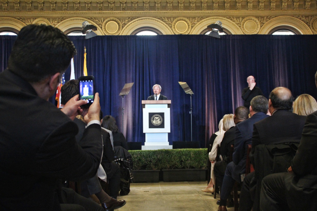 "Today, we stand in beautiful Hibernia Bank building, celebrating a resurgence of San Francisco's grand boulevard. Dozens of new businesses, arts organisations and large employers have brought new life to Market Street and the Tenderloin," Mayor Lee said to a packed room. Photo by Sana Saleem. 