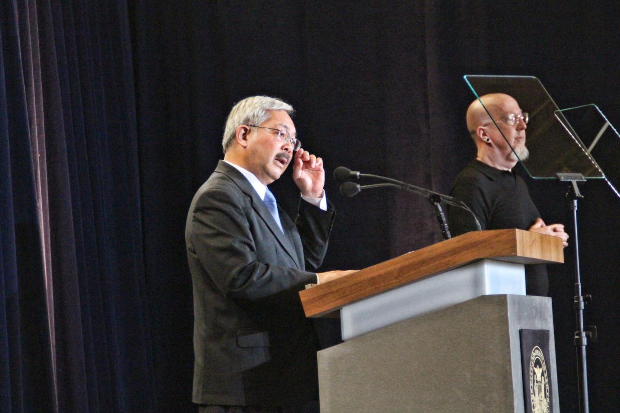 Mayor Lee pauses during the State of the City address 2017 that comes at a time when San Francisco is at risk of losing federal dollars if they maintain their sanctuary city status. Photo by Sana Saleem. 