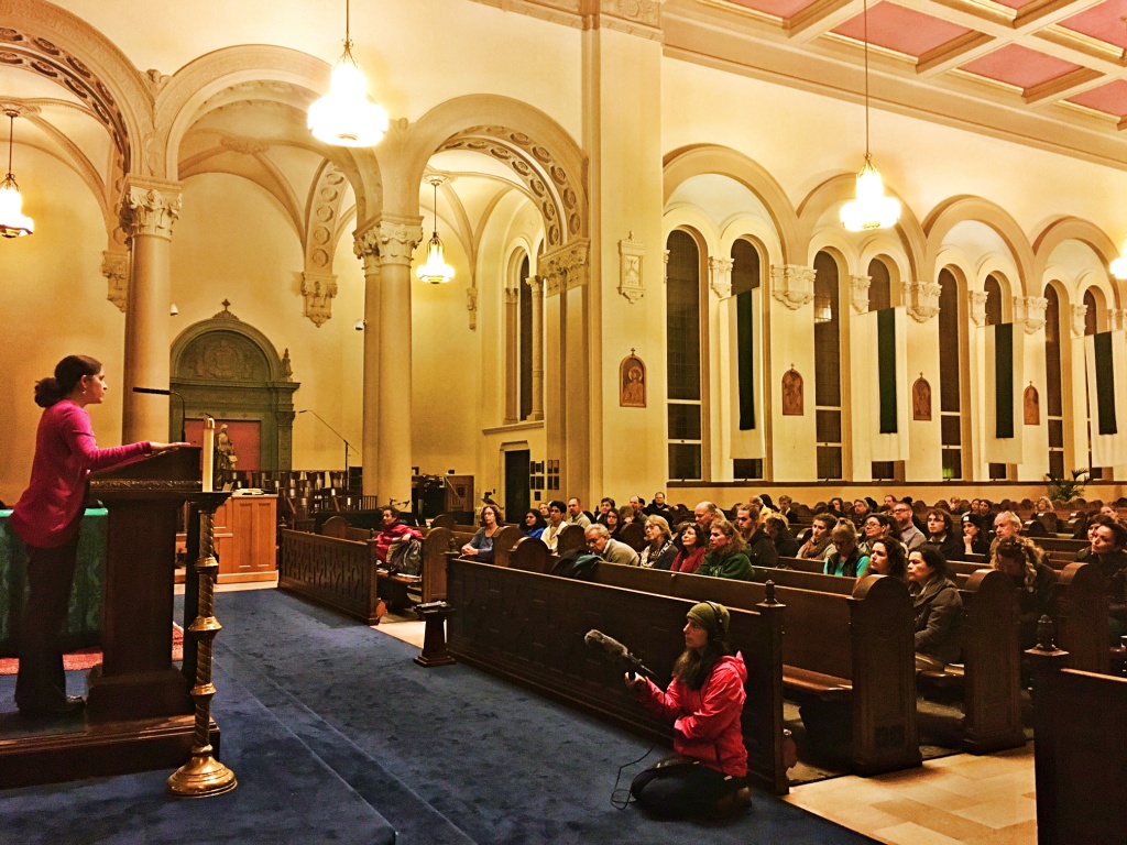 February 10th, 2017: Lorena Melgarejo, San Francisco Archdiocesem speaks to the audience at rapid response information and training on how to respond to ICE raids. Photo by Sana Saleem. 