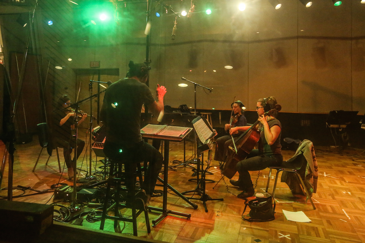 Members of Awesome Orchestra recording "When I'm Sixty-Four." Photo by Cristina Isabel Rivera.