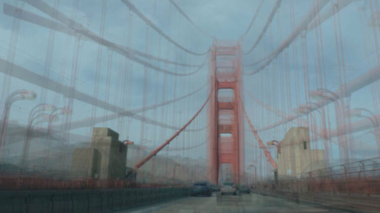 Shot from a car window, the Golden Gate Bridge spans multiple timelines in ‘No Delays’