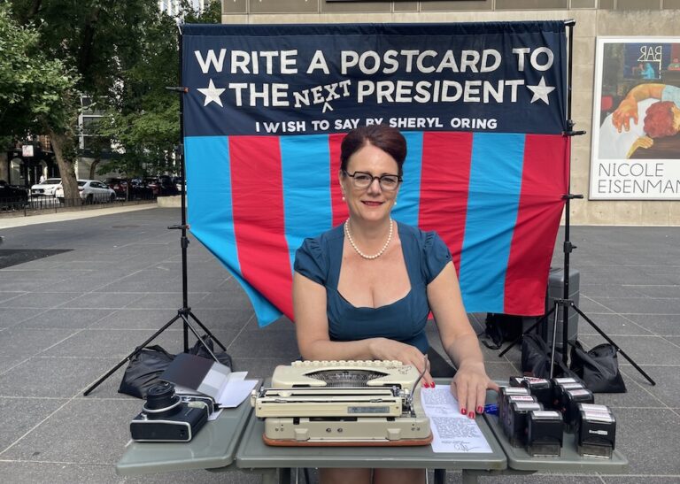 In 1960s secretary drag, she types strangers’ DNC week letters to POTUS